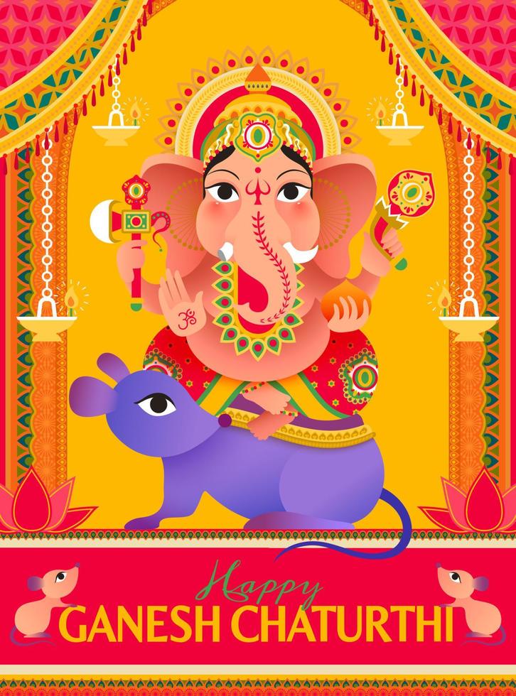 cartaz do festival ganesh chaturthi com o adorável deus hindu ganesha cavalgando em mushika vetor