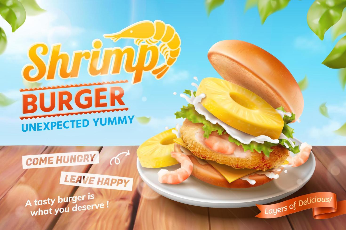 anúncios de hambúrguer de camarão no fundo do céu azul da natureza em ilustração 3d vetor