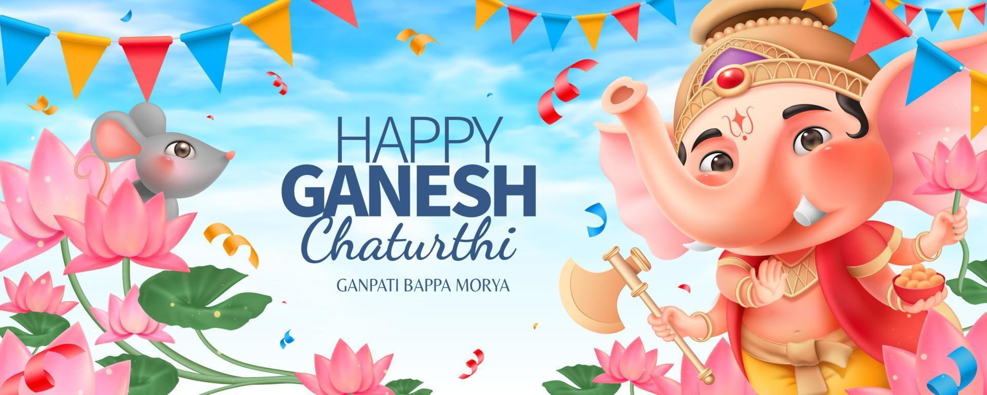 design de banner feliz ganesh chaturthi com adorável gordinho ganesha e lindo jardim de lótus vetor