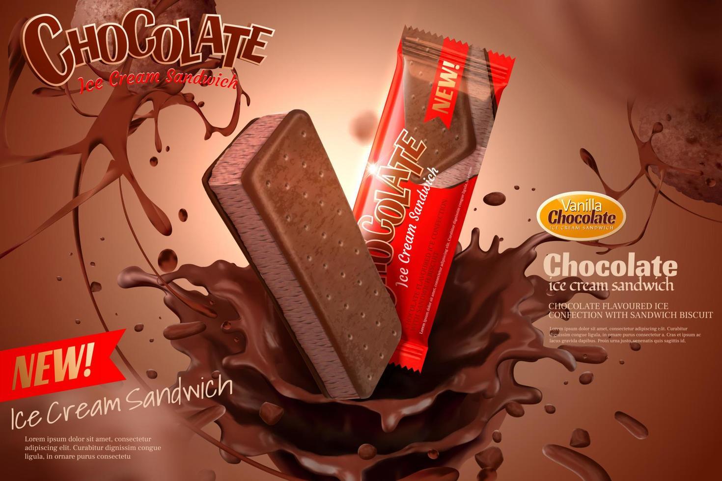 anúncios de sorvete de chocolate com calda em fundo marrom em ilustração 3d vetor