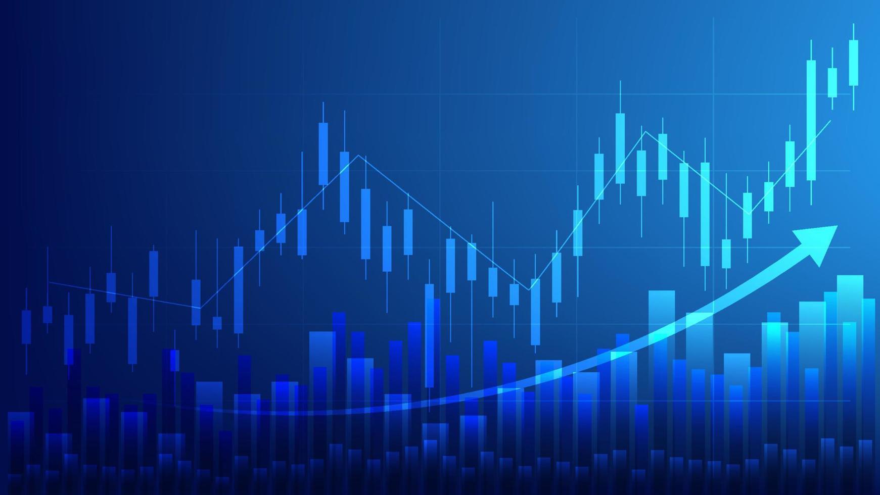 conceito de economia e finanças. estatísticas de investimento de negócios financeiros com castiçais do mercado de ações e gráfico de barras em fundo azul vetor