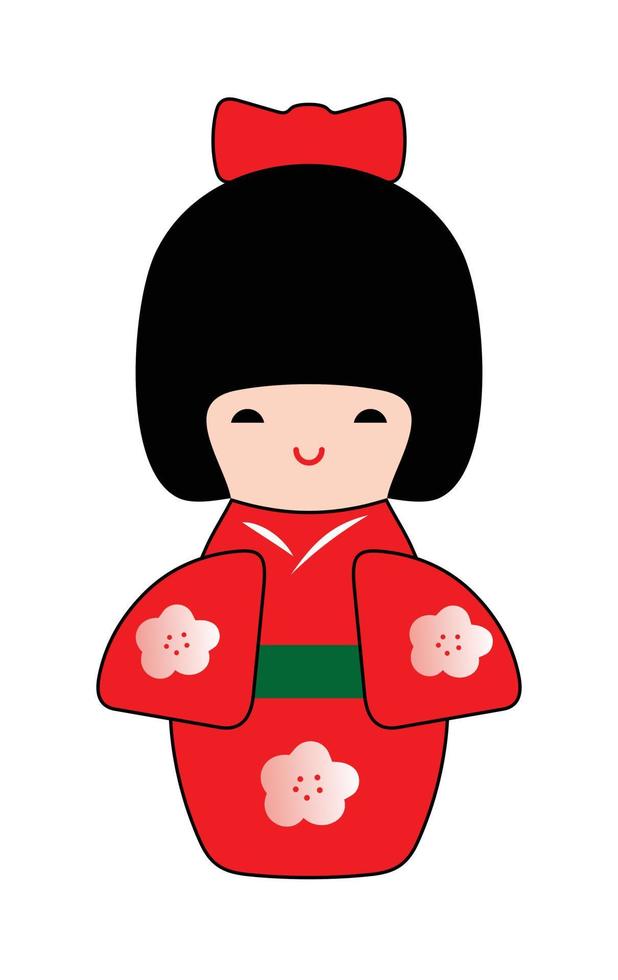 boneca de lembrança japonesa em um vestido vermelho com flores de cerejeira vetor