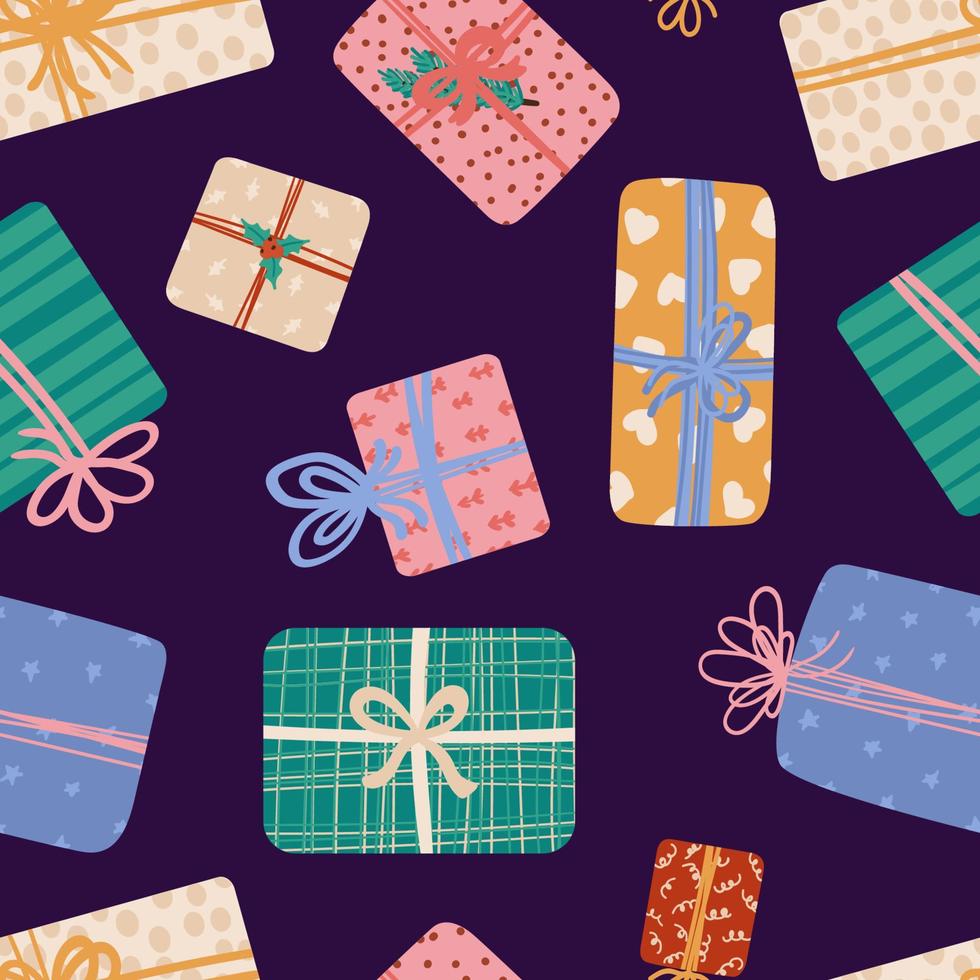 caixas de presente com fita e arcos diferentes formas e tamanhos padrão perfeito. presentes em papel de embrulho festivo para férias de natal ou aniversário. venda, conceito de compras. textura vetorial vetor