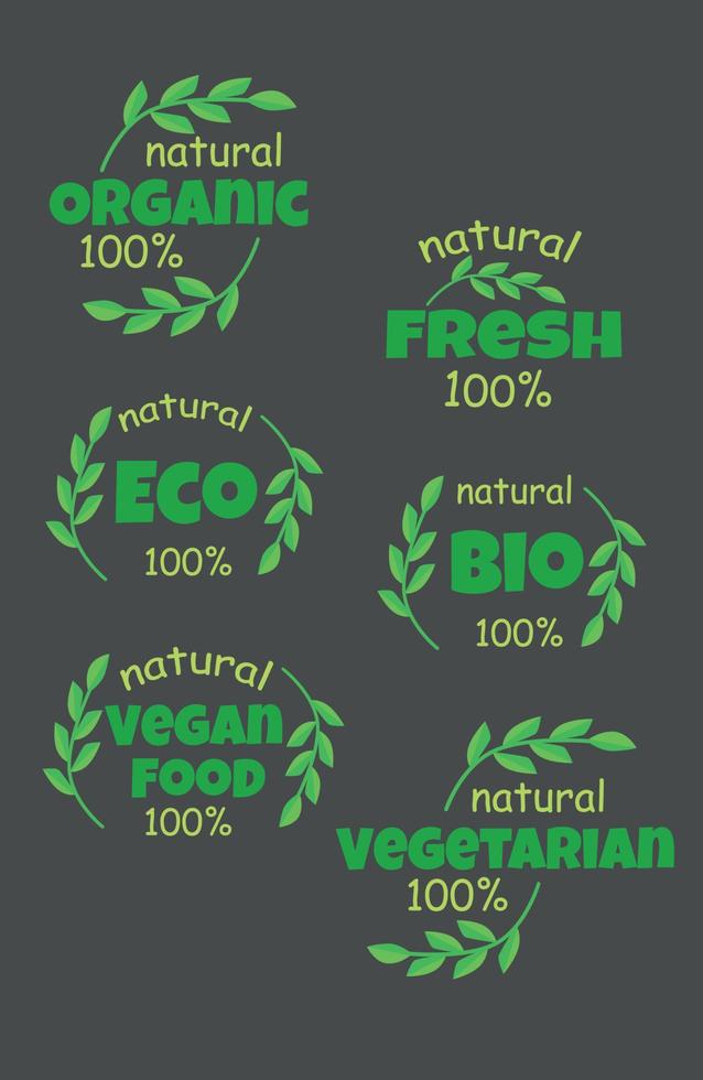 gráficos vetoriais eco bio produtos orgânicos e naturais adesivo etiqueta distintivo e logotipo padrão de folhas verdes em fundo escuro vetor