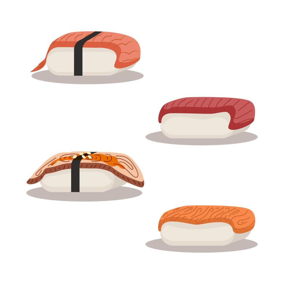 sushi com camarão, enguia, salmão, atum. deliciosa comida asiática tradicional. ilustração vetorial. vetor