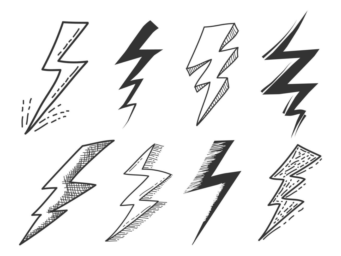 conjunto de raios elétricos desenhados à mão. doodle raio de trovão e trovoada. isolado no fundo branco. ilustração vetorial vetor