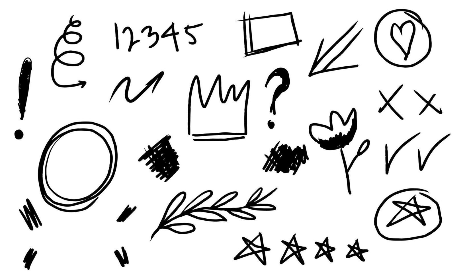 conjunto desenhado à mão de elementos doodle abstratos com coroa, estrela, redemoinho, swoosh, rabisco, seta, ênfase de texto. isolado no fundo branco. ilustração vetorial vetor