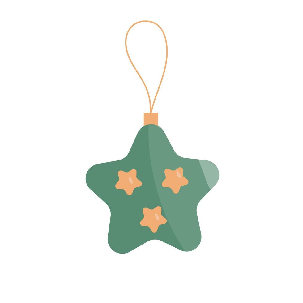 ilustração em vetor de uma decoração de árvore de natal. estrela verde pendurada na árvore de natal, decorada com pequenas estrelas laranja. vetor