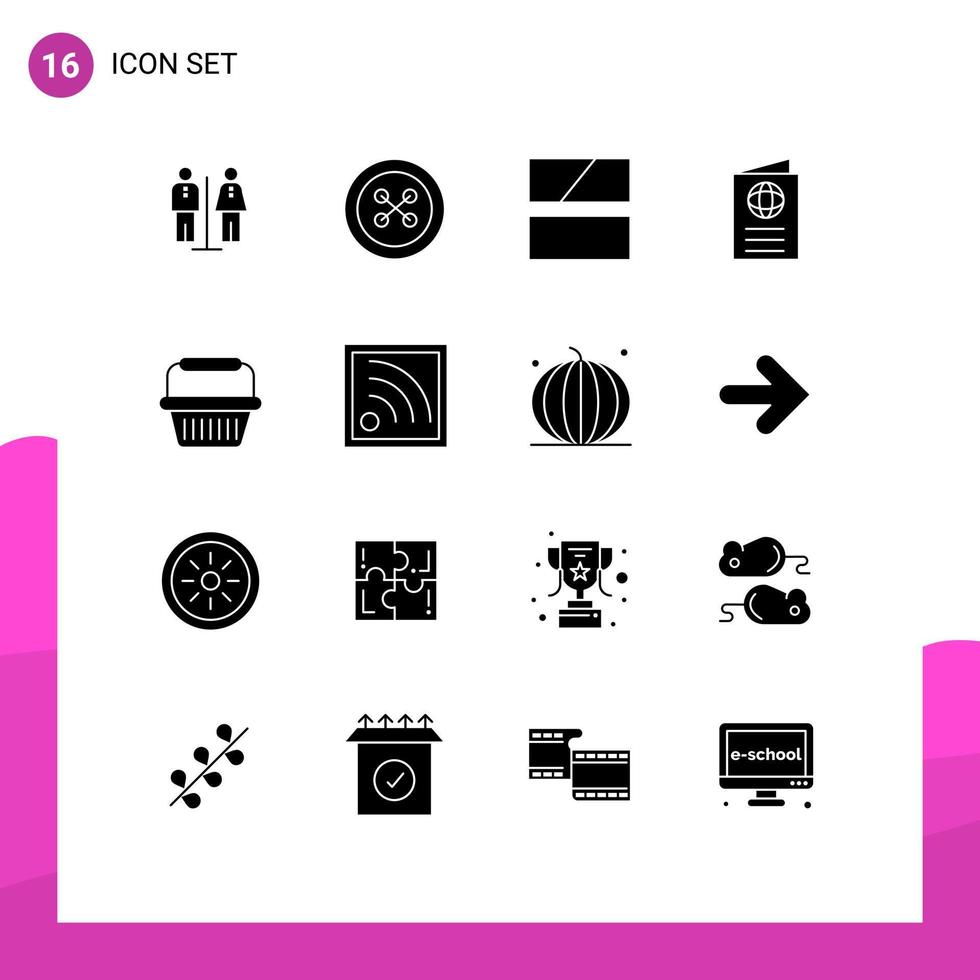 grupo de símbolos de ícone universal de 16 glifos sólidos modernos de cesta edição de passaporte cartão de identificação editável elementos de design vetorial vetor