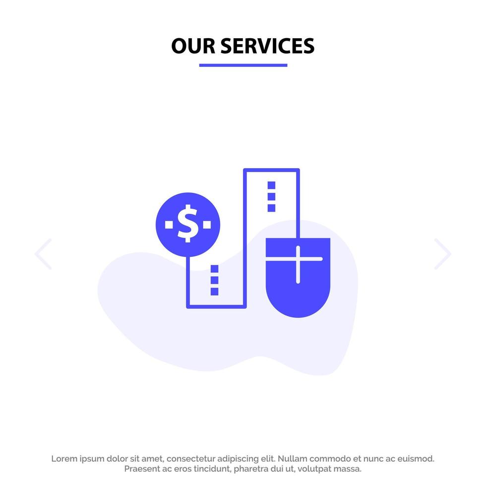 nossos serviços, mouse, conexão, dinheiro, dólar, conexão, modelo de cartão da web, ícone glifo sólido vetor
