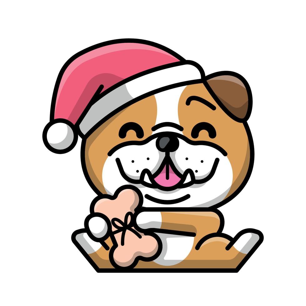 um bulldog fofo está usando chapéu de Papai Noel e segurando um presente vetor