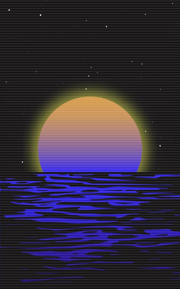 pôr do sol, estrelas e ver. gráfico synthwave para cartaz. ilustração de design retrô dos anos 80. símbolo de ultrapassagem no estilo vhs vintage. paisagem brilhante da noite. vetor