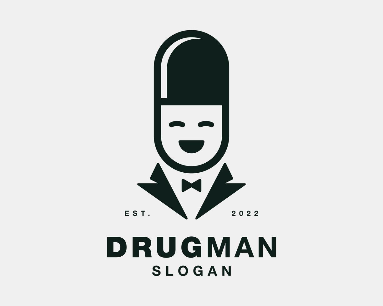 droga comprimido cápsula farmácia empresário retrato pessoas pessoa cara terno mascote vetor design do logotipo