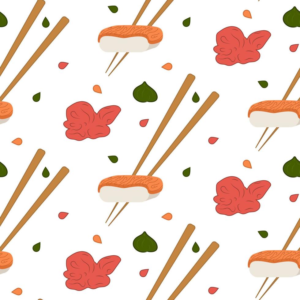 salmão de sushi padrão sem emenda, gengibre, pauzinho. os chineses comem. comida asiática. ilustração vetorial. vetor