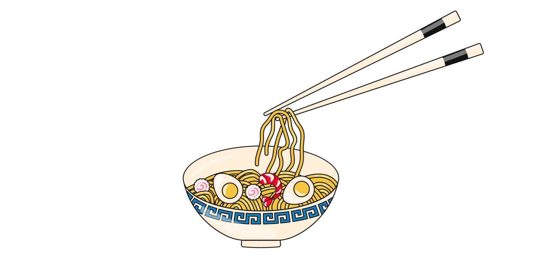 macarrão ramen japonês com ovo kamaboko e camarão comida asiática vetor