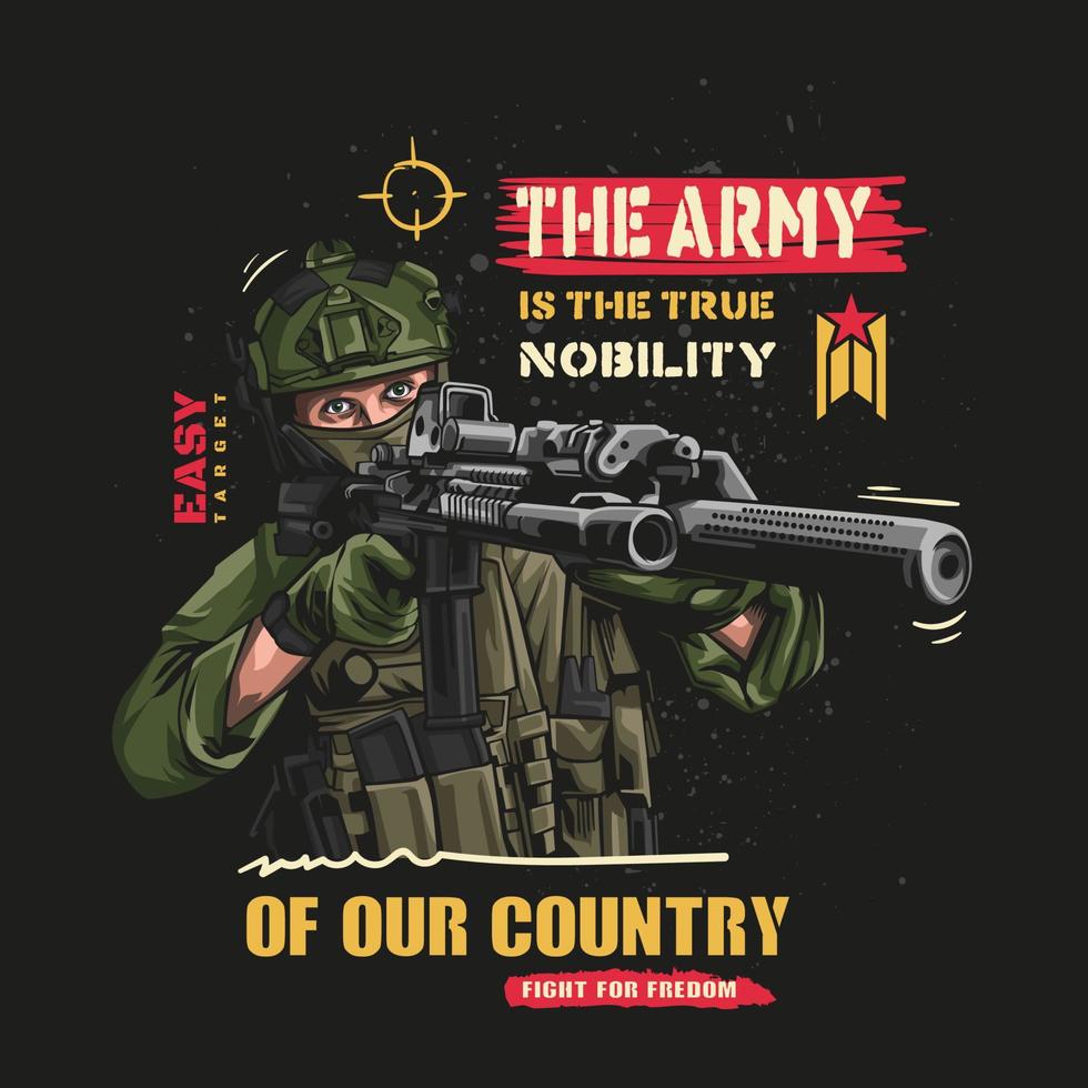 soldado masculino está apontando a arma para a frente do inimigo. ilustração vetorial de patriotismo vetor