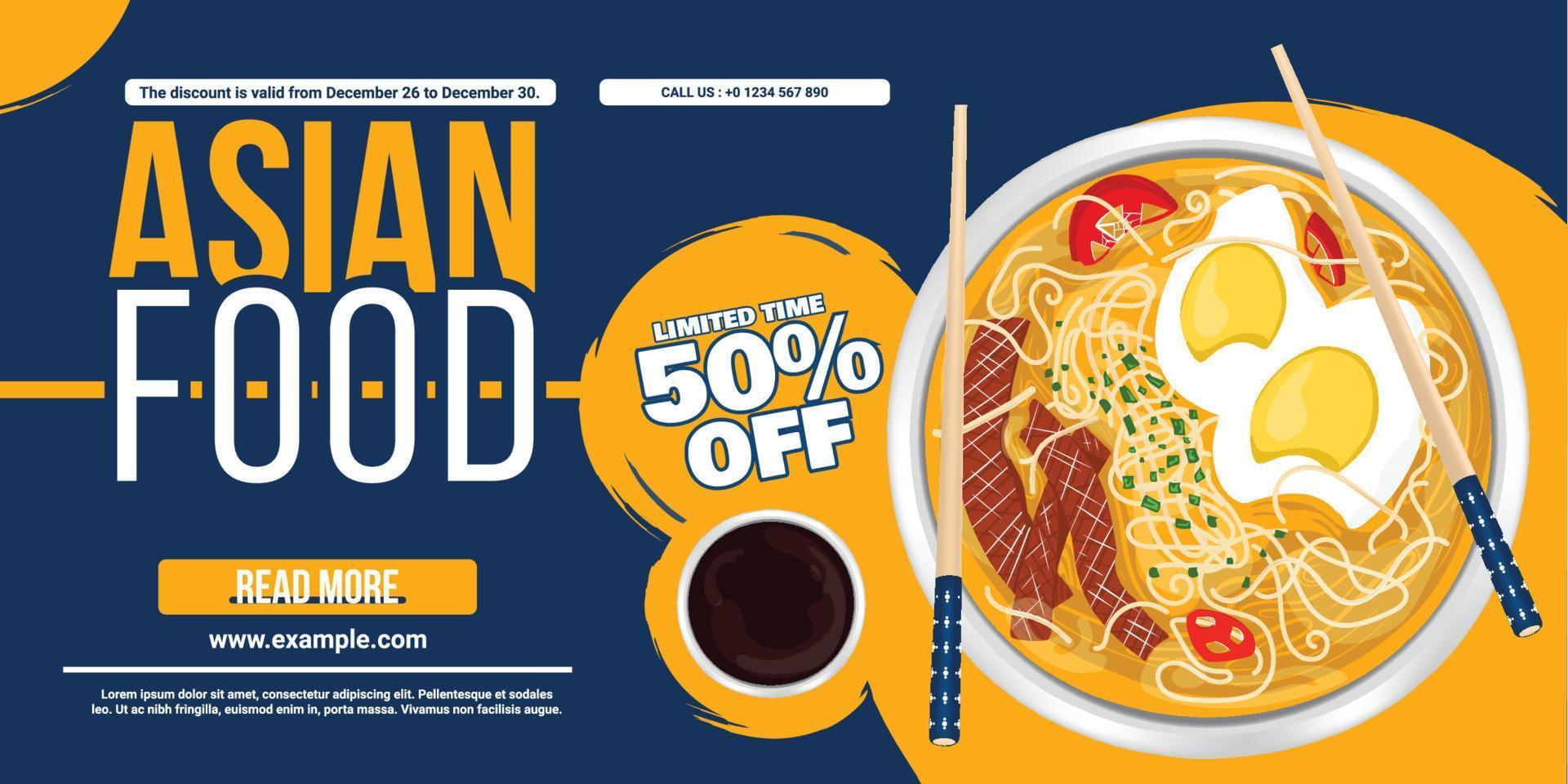 banner de desconto de venda de macarrão ramen desenhado à mão de comida asiática vetor