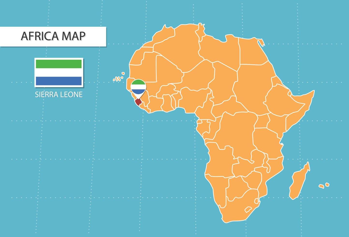 mapa de serra leoa na áfrica, ícones mostrando bandeiras e localização de serra leoa. vetor