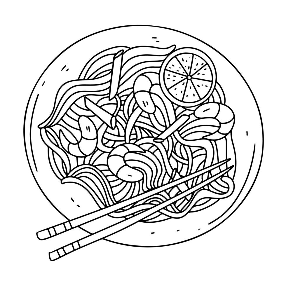 macarrão de arroz com camarões e legumes em estilo doodle desenhado à mão. vista superior de uma horizontal. vetor
