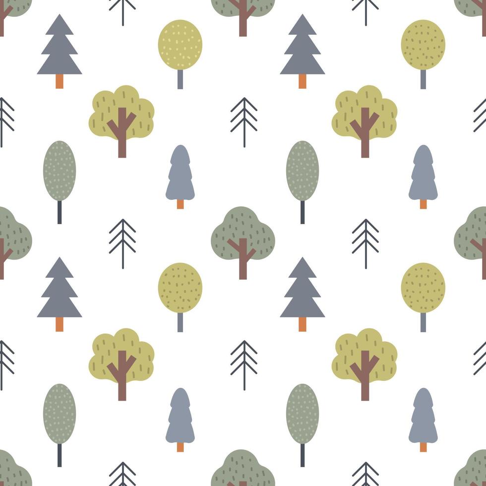árvores na floresta de estilo escandinavo, vetor padrão plano sem costura no fundo branco