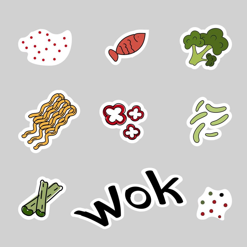 adesivos asiáticos comem comida. ilustração vetorial. macarrão wok, frutos do mar, verduras, especiarias, pimentão, peixe vetor