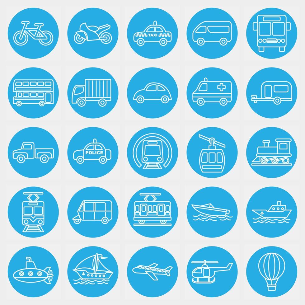 conjunto de ícones de transportes. elementos de transporte. ícones no estilo azul. bom para impressões, cartazes, logotipo, sinal, propaganda, etc. vetor