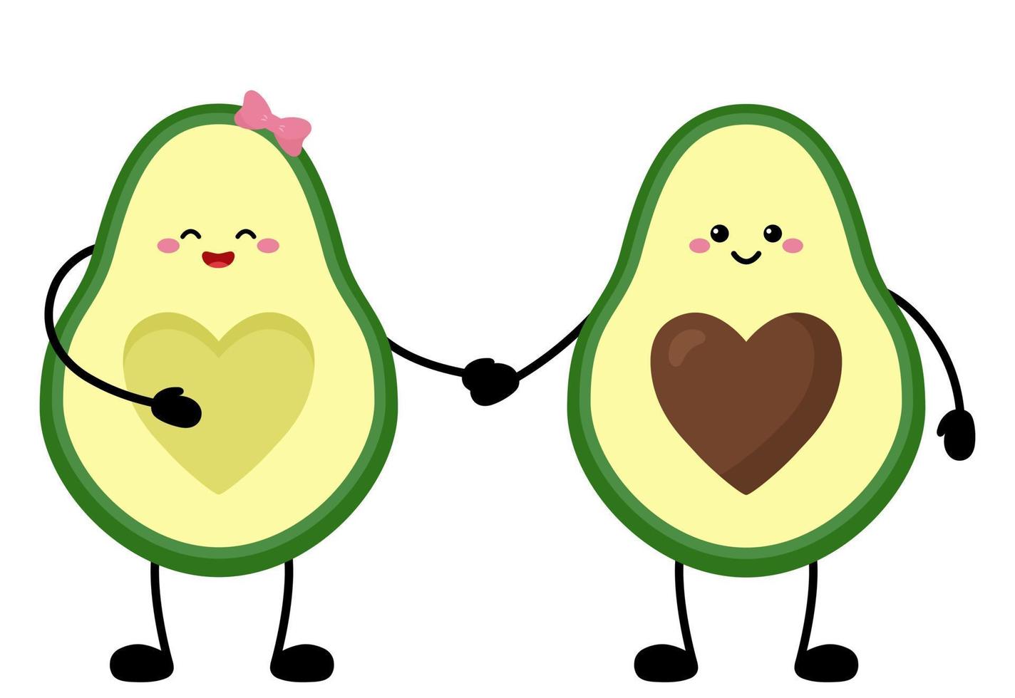 lindo casal de abacate de desenho animado apaixonado. casal de abacate de mãos dadas. personagem de abacate fofo, conceito de cartão de amor. vetor