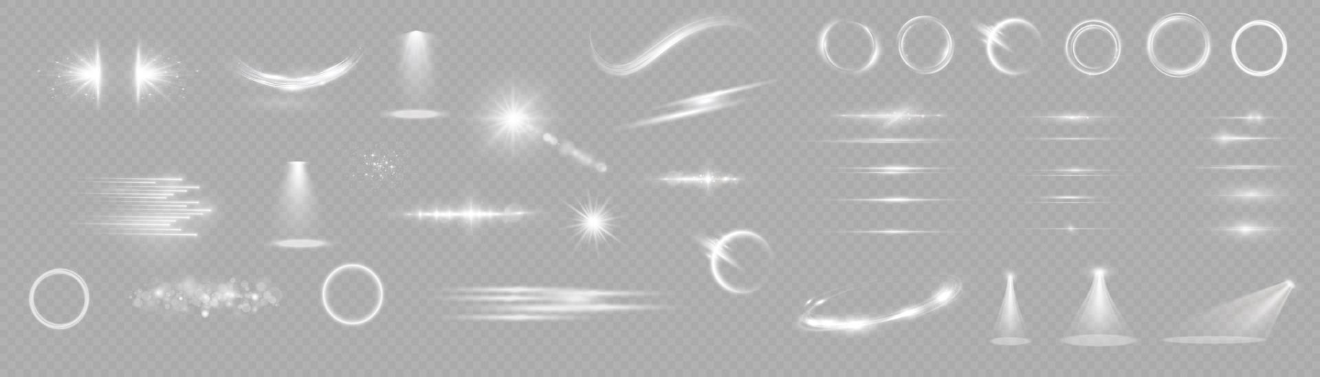 luz solar, efeito especial abstrato. conjunto de efeito de luz. brilho isolado conjunto de efeito de luz branca. reflexo de lente, explosão, brilho, poeira, linha, flash de sol, faísca e estrelas, holofotes, giro de curva. vetor
