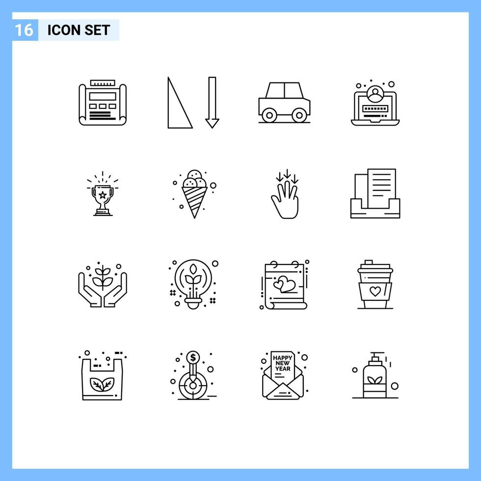 pacote de linha vetorial editável de 16 contornos simples de desenvolvimento de login de automóvel de troféu de prêmio elementos de design vetorial editável vetor