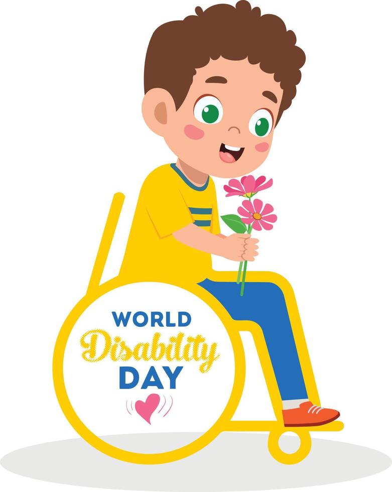 ilustração de um menino em uma cadeira de rodas segurando uma flor presenteada a ele no dia internacional da deficiência. ilustração vetorial do dia mundial da deficiência. adequado para cartaz e banner. vetor