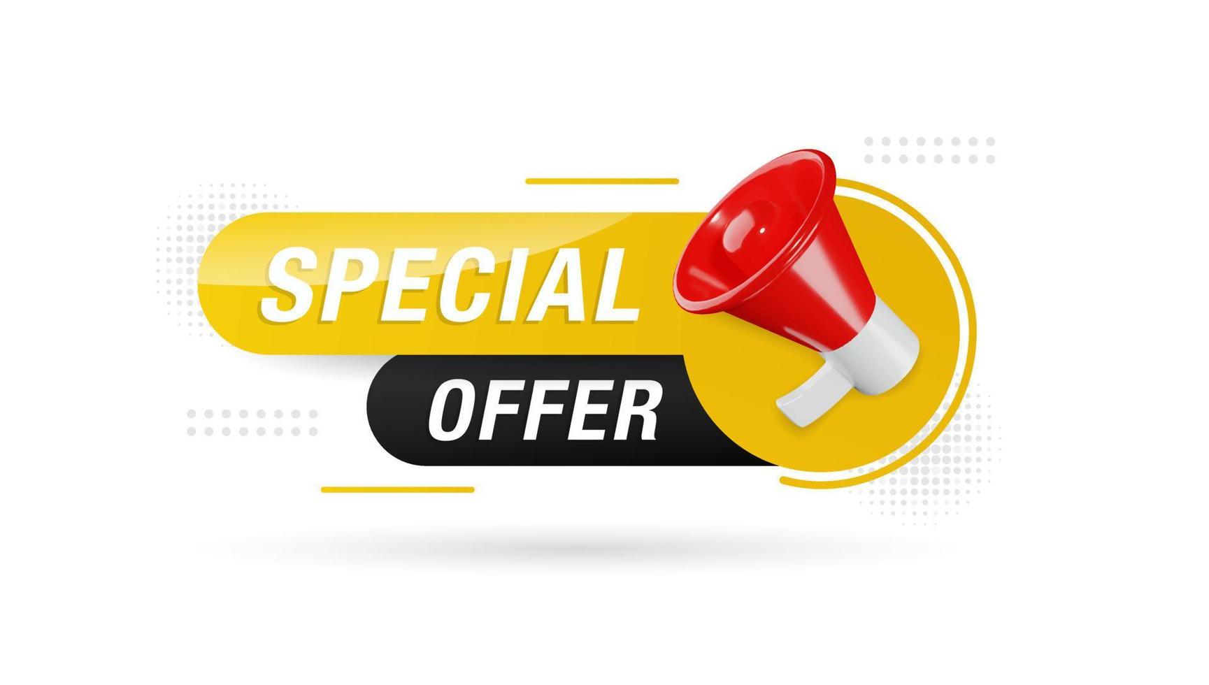 modelo de promoção de banner de oferta especial com megafone 3d em fundo branco. design de etiqueta de acordo especial vetor