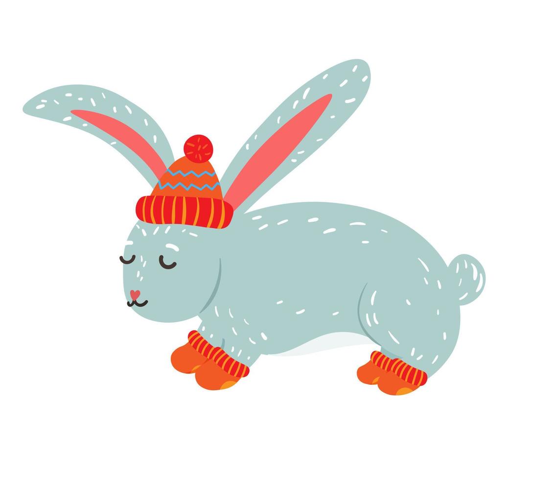 ilustração em vetor de coelho engraçado fofo em meias de inverno e chapéu. ilustração de coelho fofo - símbolo de 2023