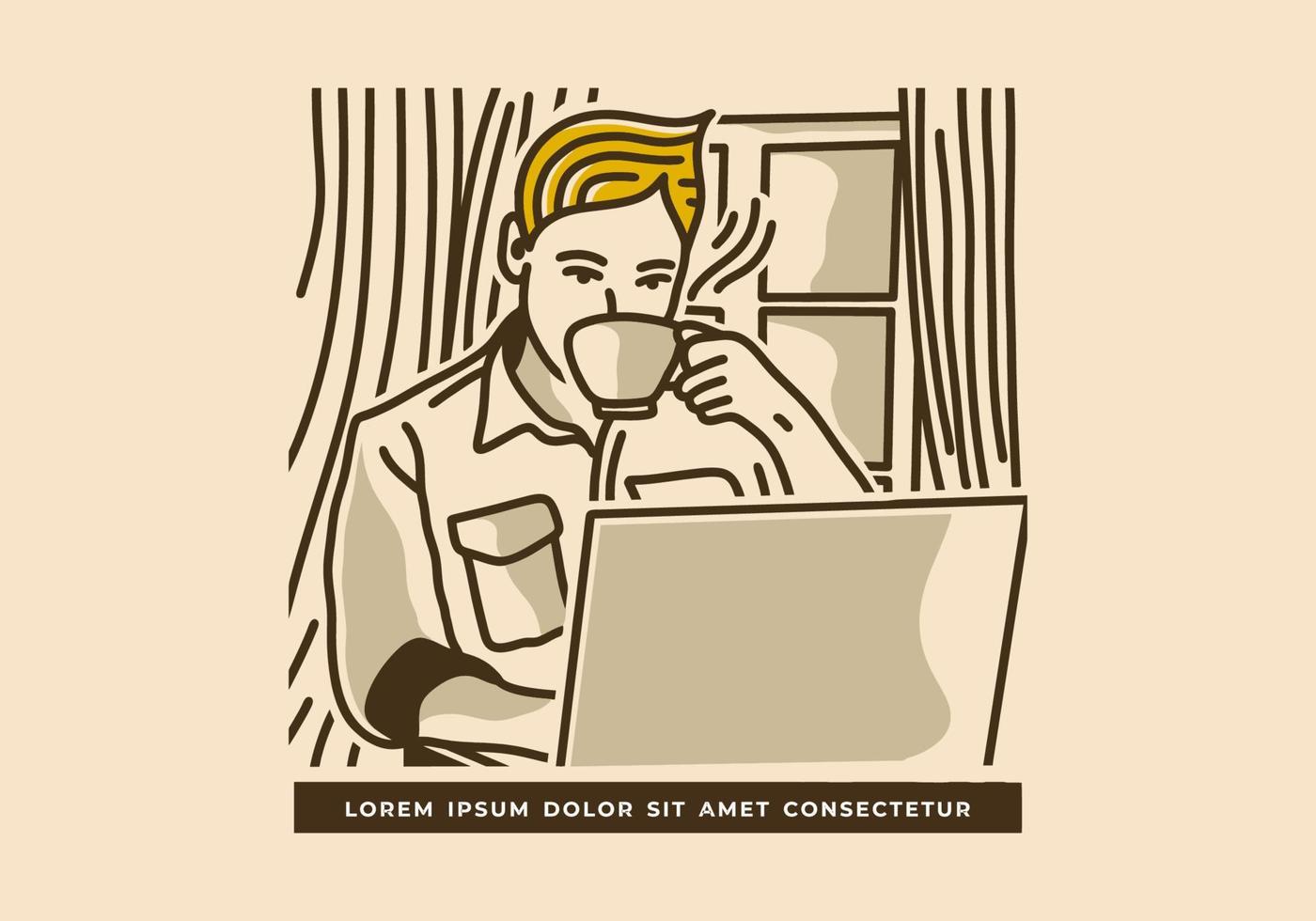 design de ilustração vintage de homem bebendo café na frente do laptop vetor