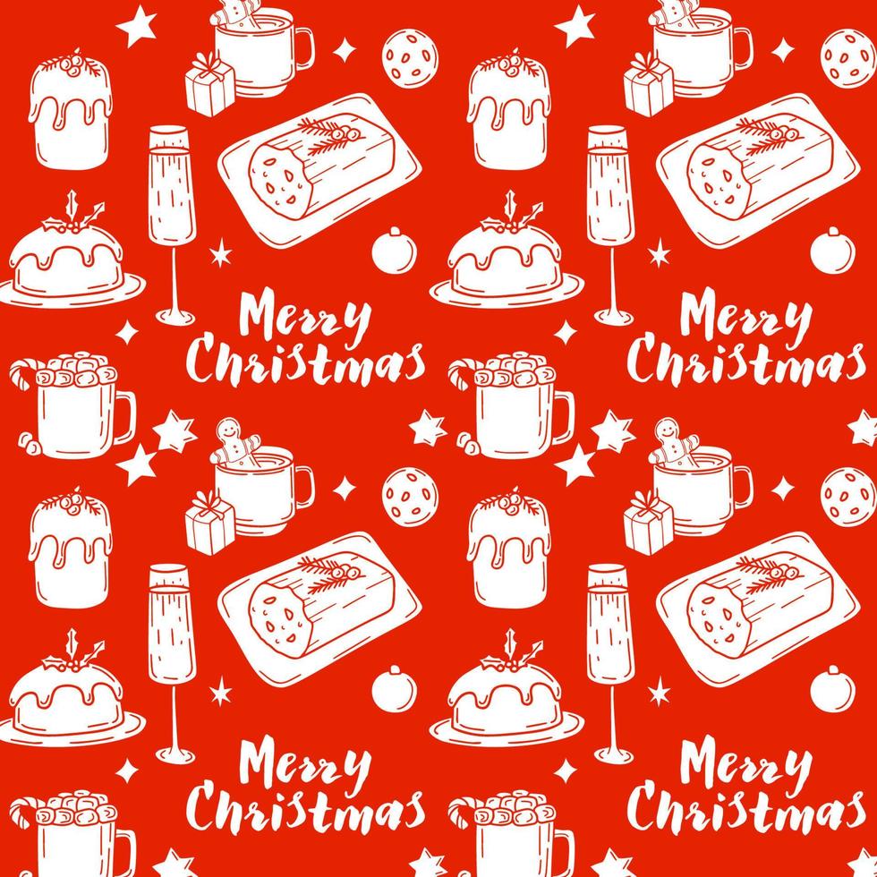 padrão perfeito com comida tradicional de natal e bebida em estilo doodle em um fundo vermelho vetor