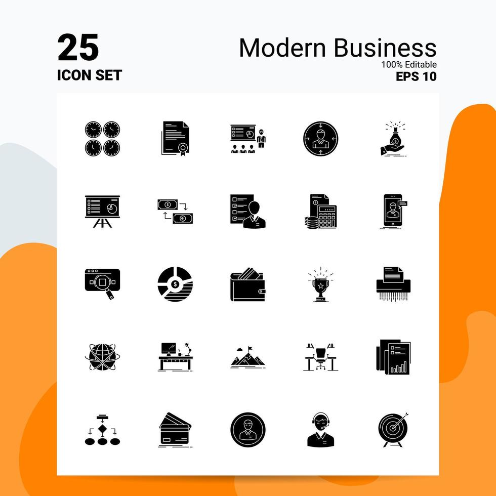 Conjunto de 25 ícones de negócios modernos 100 eps editáveis 10 arquivos ideias de conceito de logotipo de negócios design de ícone de glifo sólido vetor