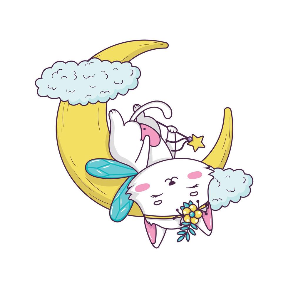 fada gato bonito dos desenhos animados com varinha mágica dormindo na lua em estilo doodle isolado no fundo branco vetor