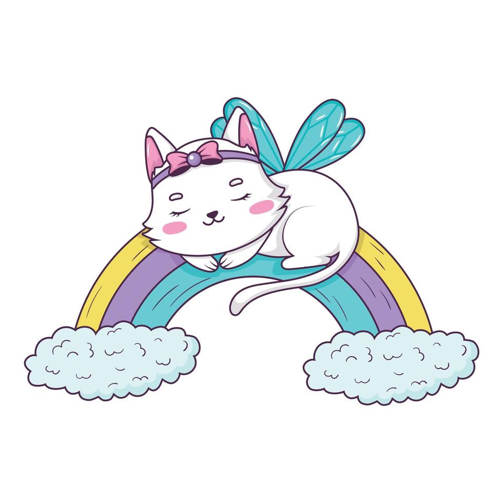 fada gato bonito dos desenhos animados dormindo no arco-íris enrolado no estilo doodle isolado no fundo branco vetor