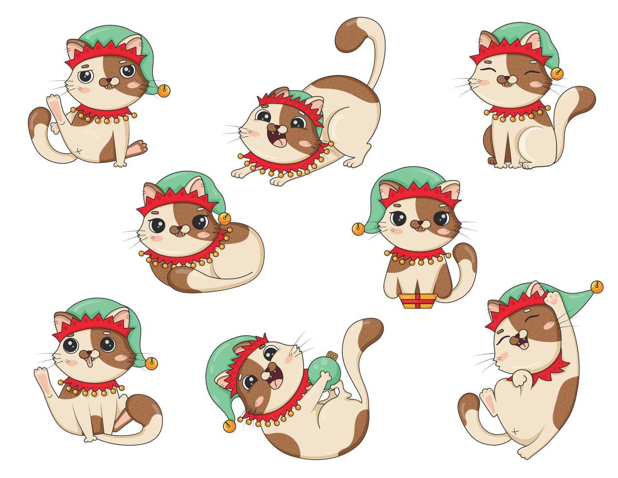 pacote de gato bonito dos desenhos animados em traje de elfo de natal em poses diferentes é jogado isolado no fundo branco vetor