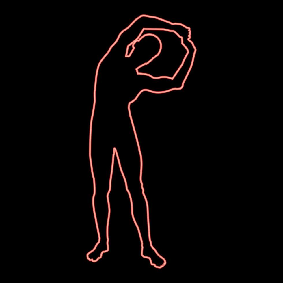 homem de néon fazendo exercícios se inclina para o lado esporte ação masculino treino silhueta ioga ícone de vista frontal cor vermelha ilustração vetorial imagem estilo simples vetor