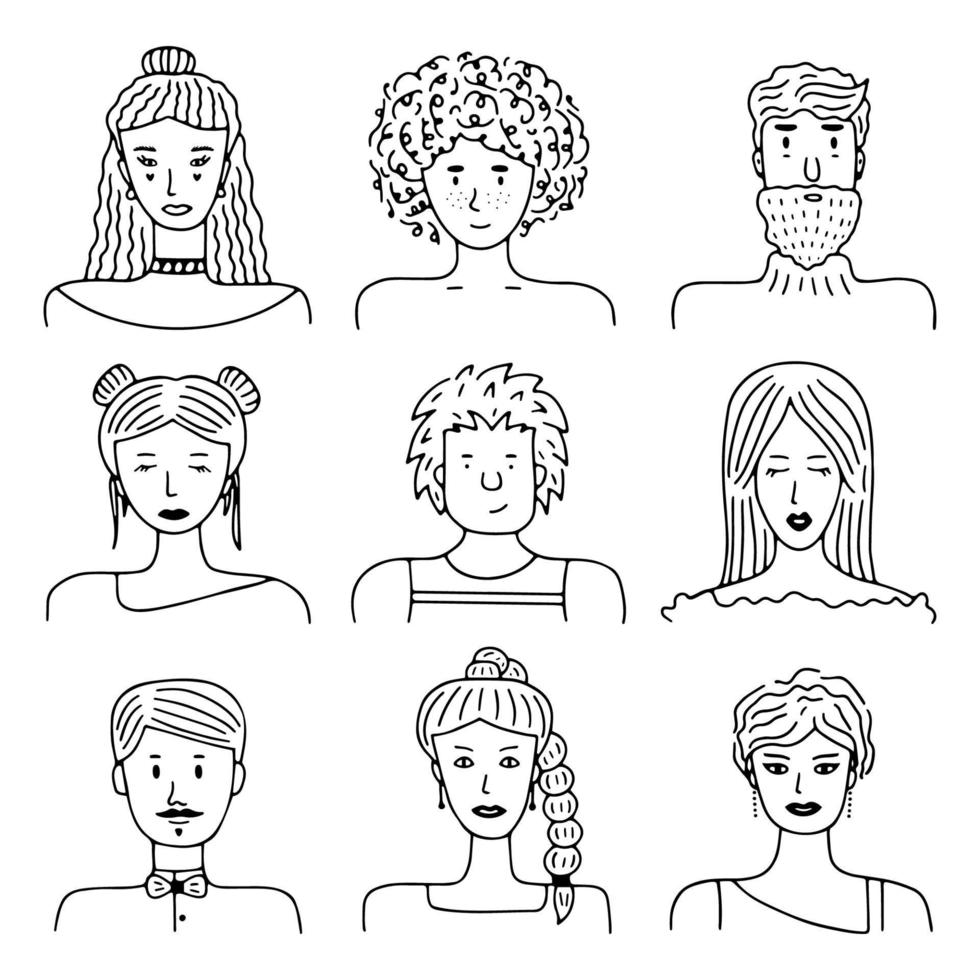 grande conjunto de avatares de pessoas para mídias sociais, site. doodle retratos de meninas e rapazes da moda. coleção de ícones desenhados à mão na moda. ilustração vetorial preto e branco vetor