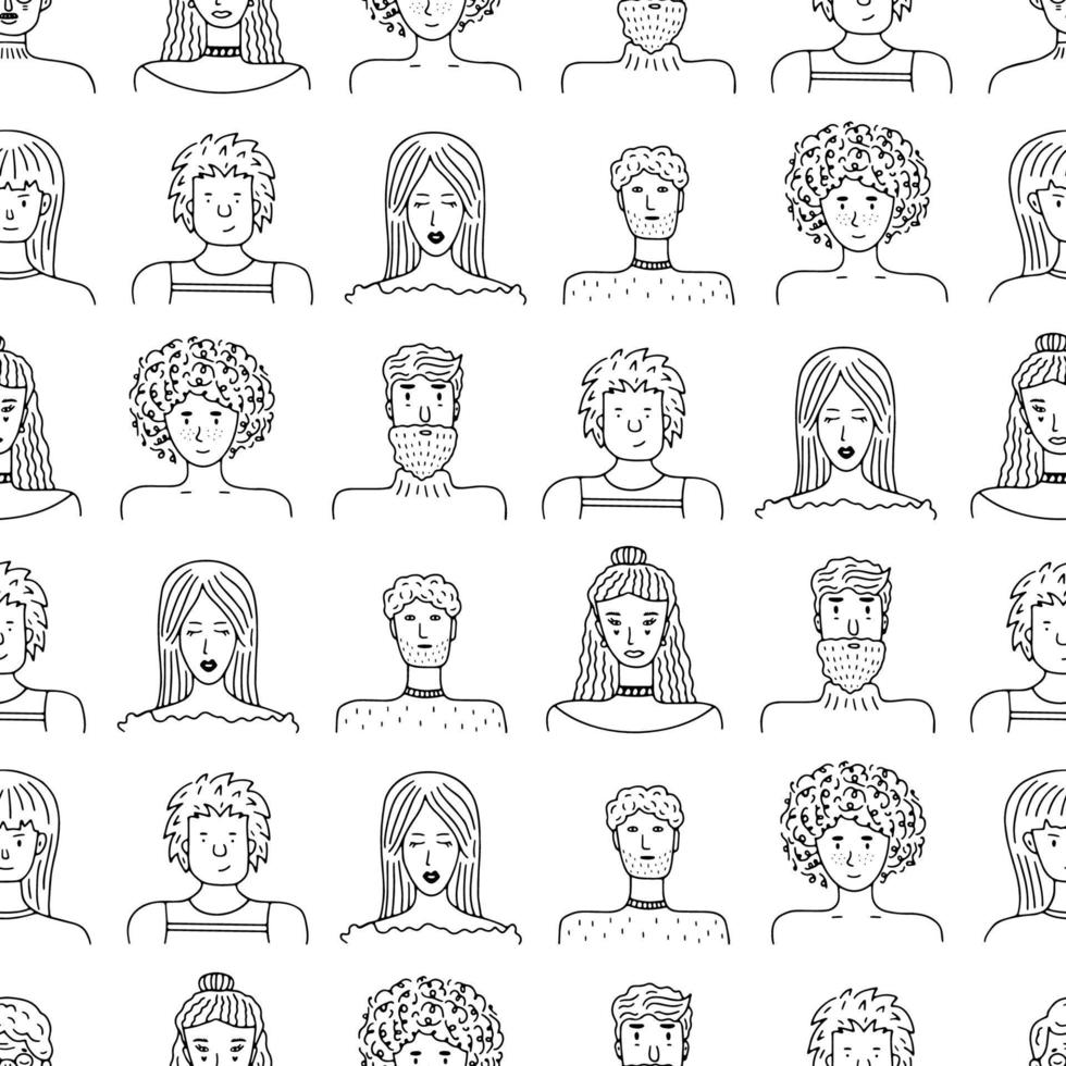 padrão perfeito de retratos de pessoas para banner, mídia social, site, têxtil, papel de embrulho. doodle retratos de meninas e rapazes da moda. fundo preto e branco na moda, ilustração vetorial vetor