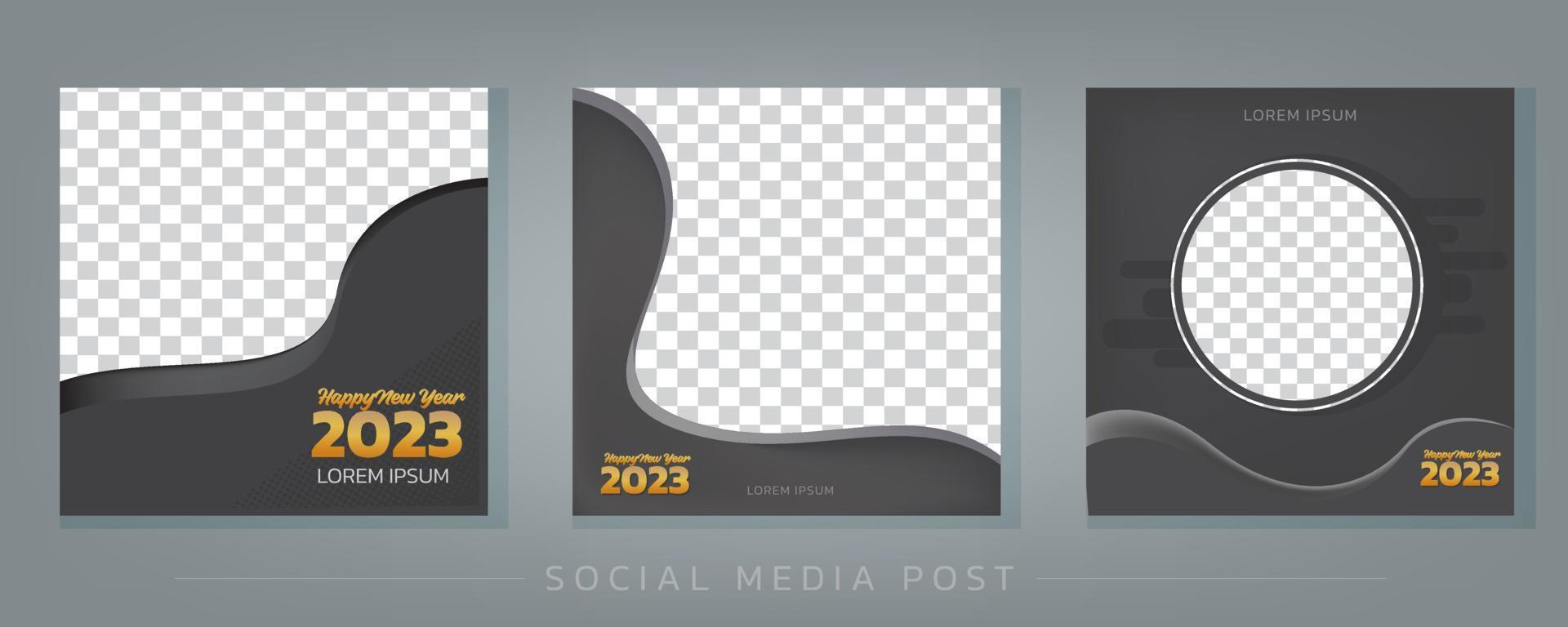 banner preto quadrado moderno com espaço para imagens. conjunto de design de modelo de postagem de feliz ano novo de 2023 socmial edia vetor