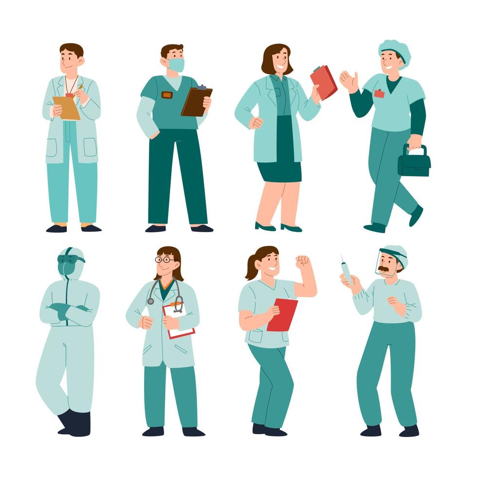 conjunto de personagens de desenhos animados de médico e enfermeira com várias poses. conceito de equipe médica no hospital. ilustração vetorial. médicos permanentes e personagens médicos de enfermeira. vetor