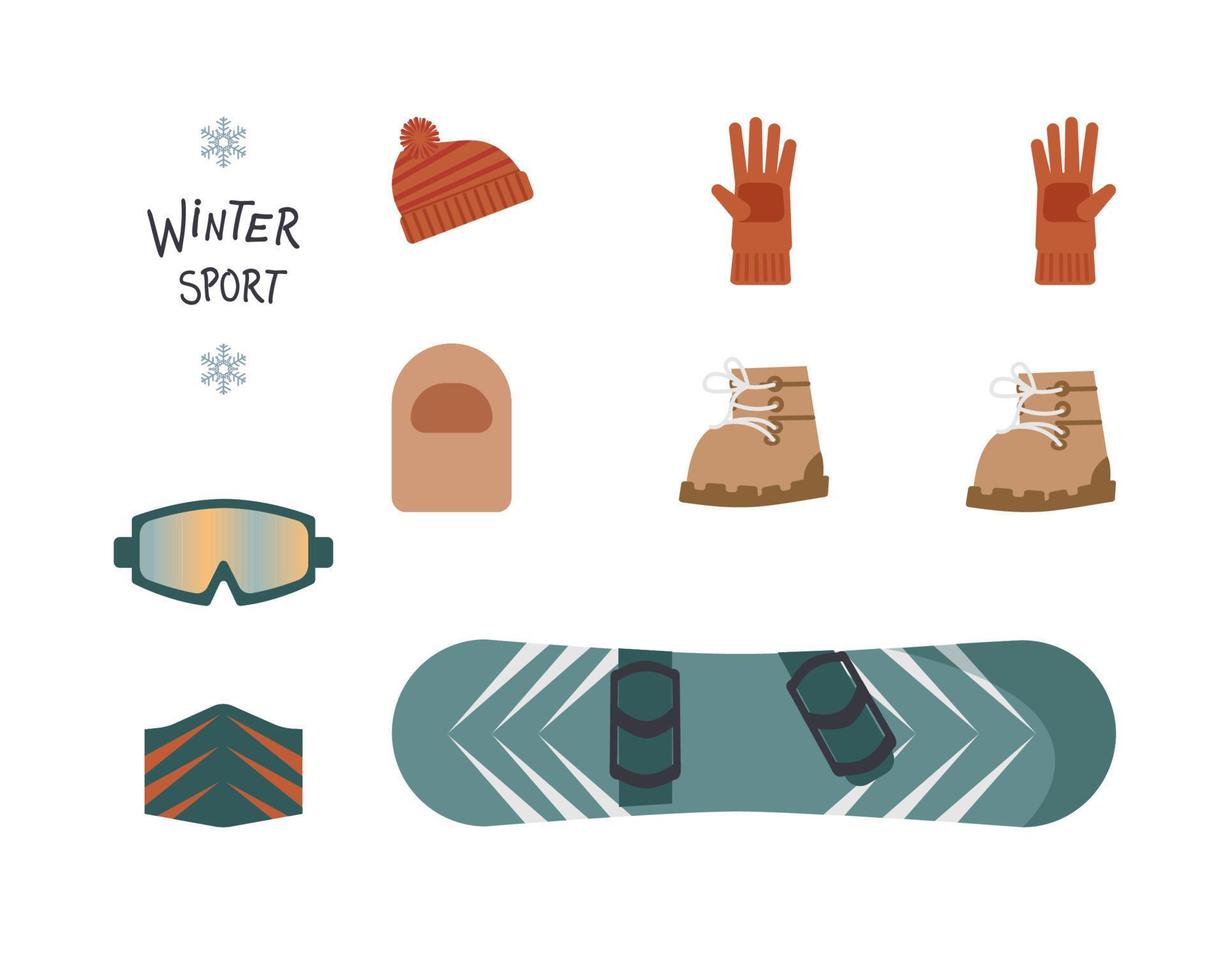 snowboard, acessórios de esportes de inverno para estilo de vida ativo, ilustração vetorial definida em plano no fundo branco vetor