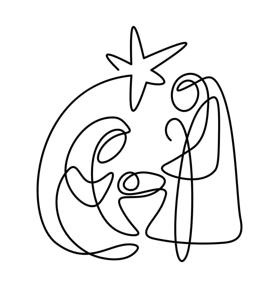 vetor de natal ícone cristão presépio religioso do bebê jesus com maria josé e estrela. desenho de linha de arte contínua, impressão e design de logotipo, emblema de uma única linha