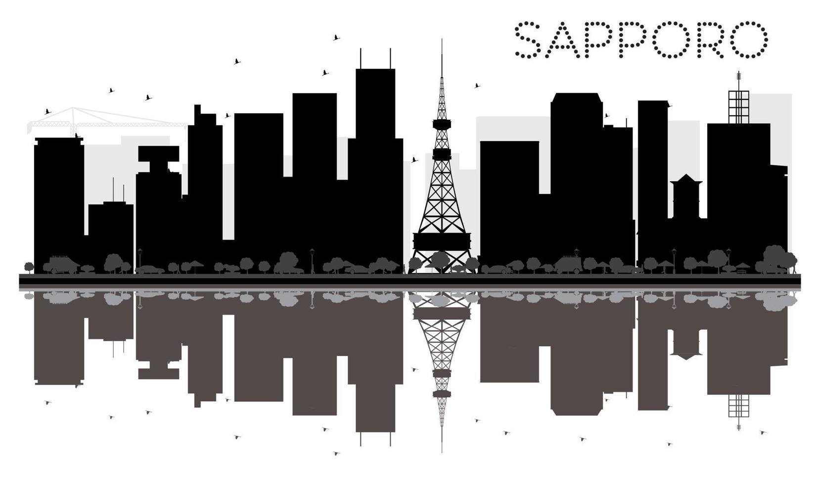 sapporo city skyline silhueta preto e branco com reflexões. vetor