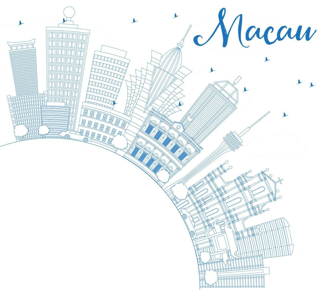 delineie o horizonte de macau com edifícios azuis e copie o espaço. vetor