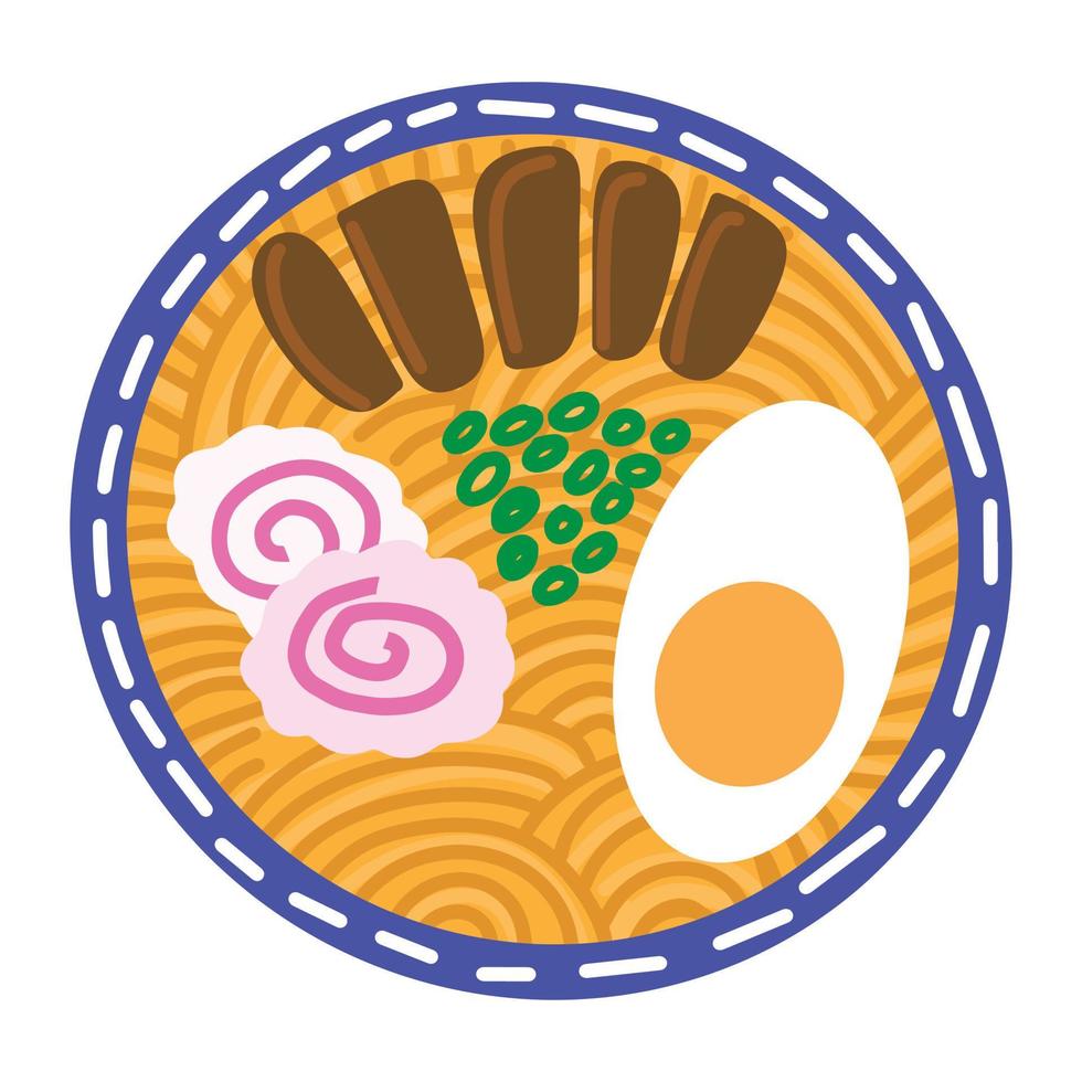 sopa de ramen com carne, ovo, narutomaki, macarrão. rabisco bonito e colorido simples desenhado à mão. desenho de comida asiática. ilustração vetorial de vista superior do prato vetor