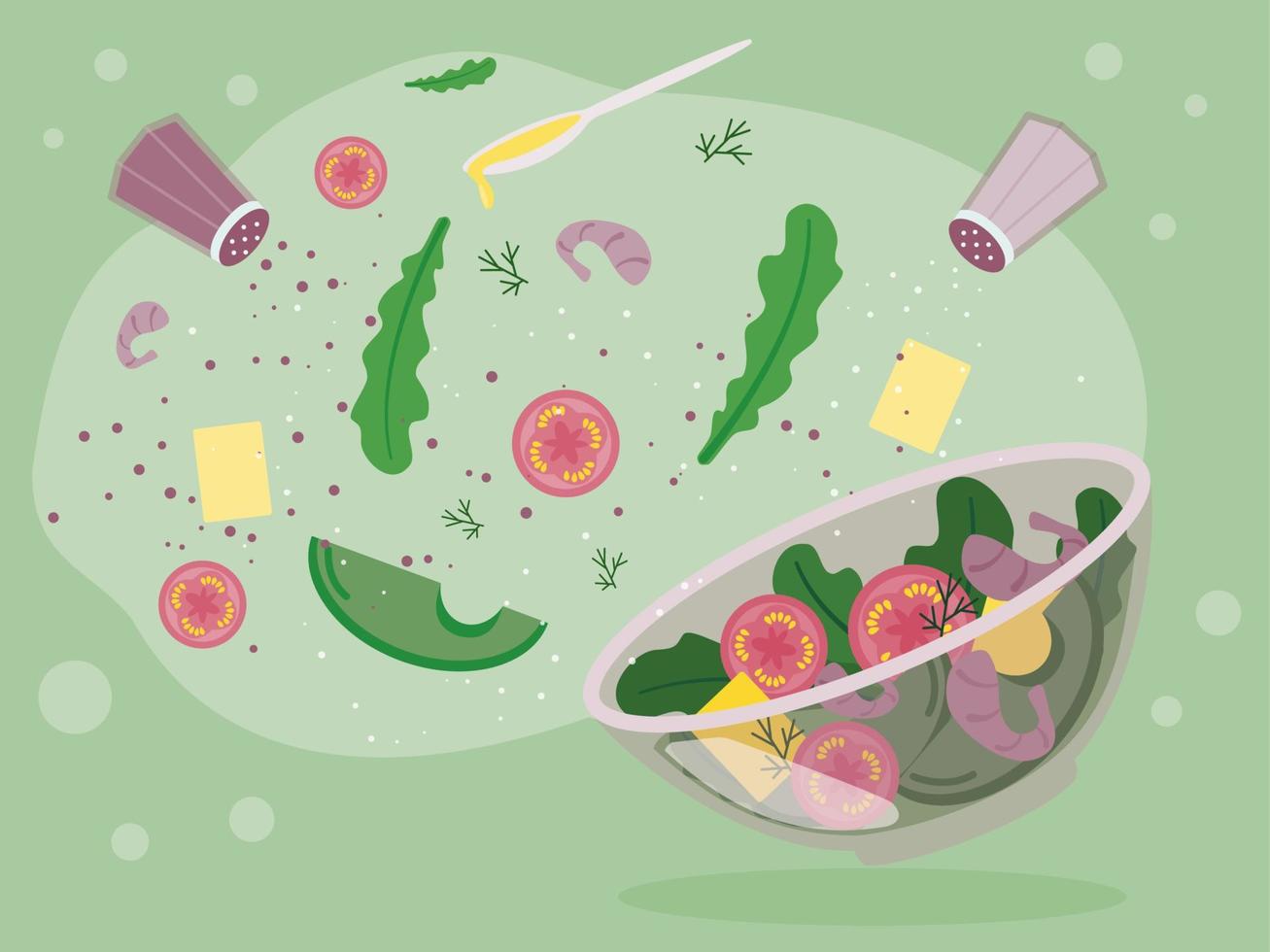 salada de rúcula, abacate, queijo, tomate, camarão e endro em um design plano em uma tigela. bar de saladas para uma alimentação saudável. cozinhar um prato. comida saudável em um fundo verde claro. vetor