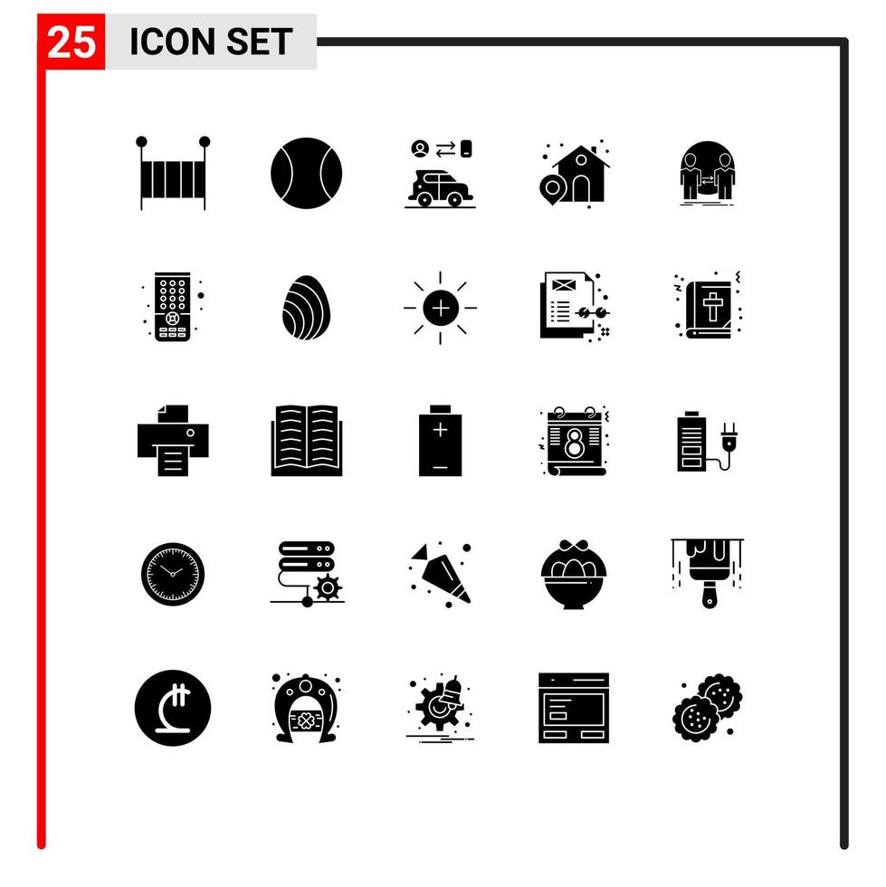 conjunto de glifos sólidos de interface móvel de 25 pictogramas de elementos de design de vetores editáveis de casa de homem de transporte de clone de identidade